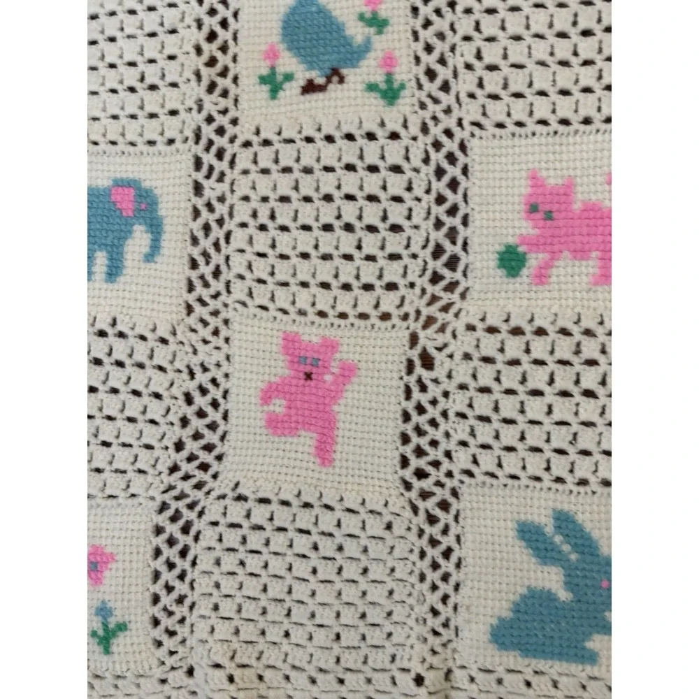 Crochet Baby Blanket Afghan Throw Yellow Blocks‎ Squares Animals Handmade vtg
